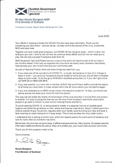 First Minister of Scotland letter June 2020