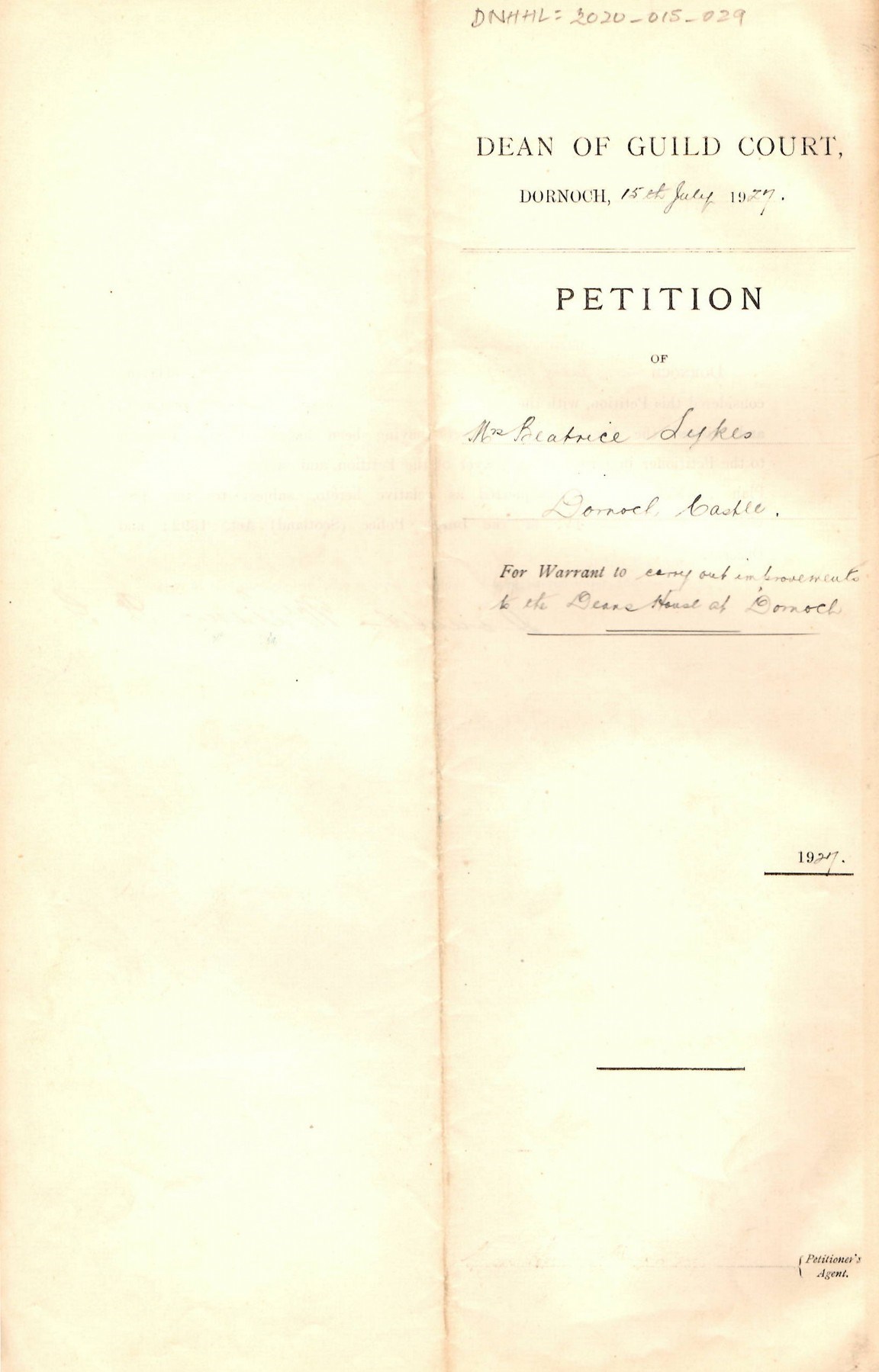 Petition for improvements to Deans House