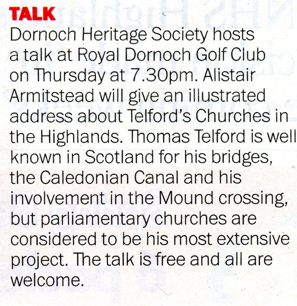 Dornoch Heritage Society Talk - Telford's churches