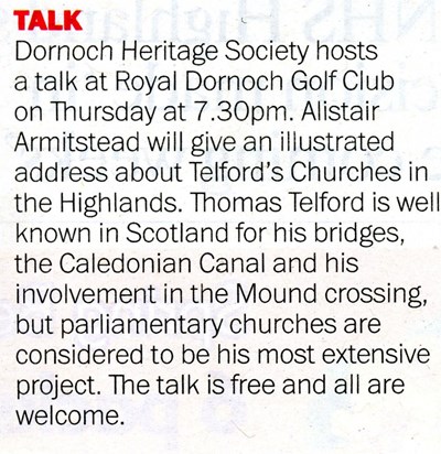 Dornoch Heritage Society Talk - Telford's churches