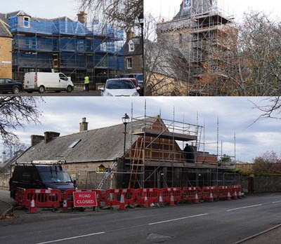 Colour photographs of buildings under scaffolding