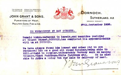 Reference from John Grant & Sons, Dornoch