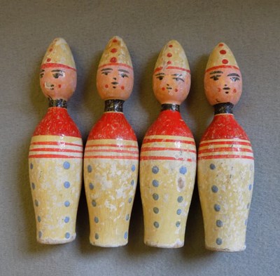 Set of wooden clown-design skittles