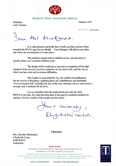 Letter from Chairman Women's Royal Volunteer Service