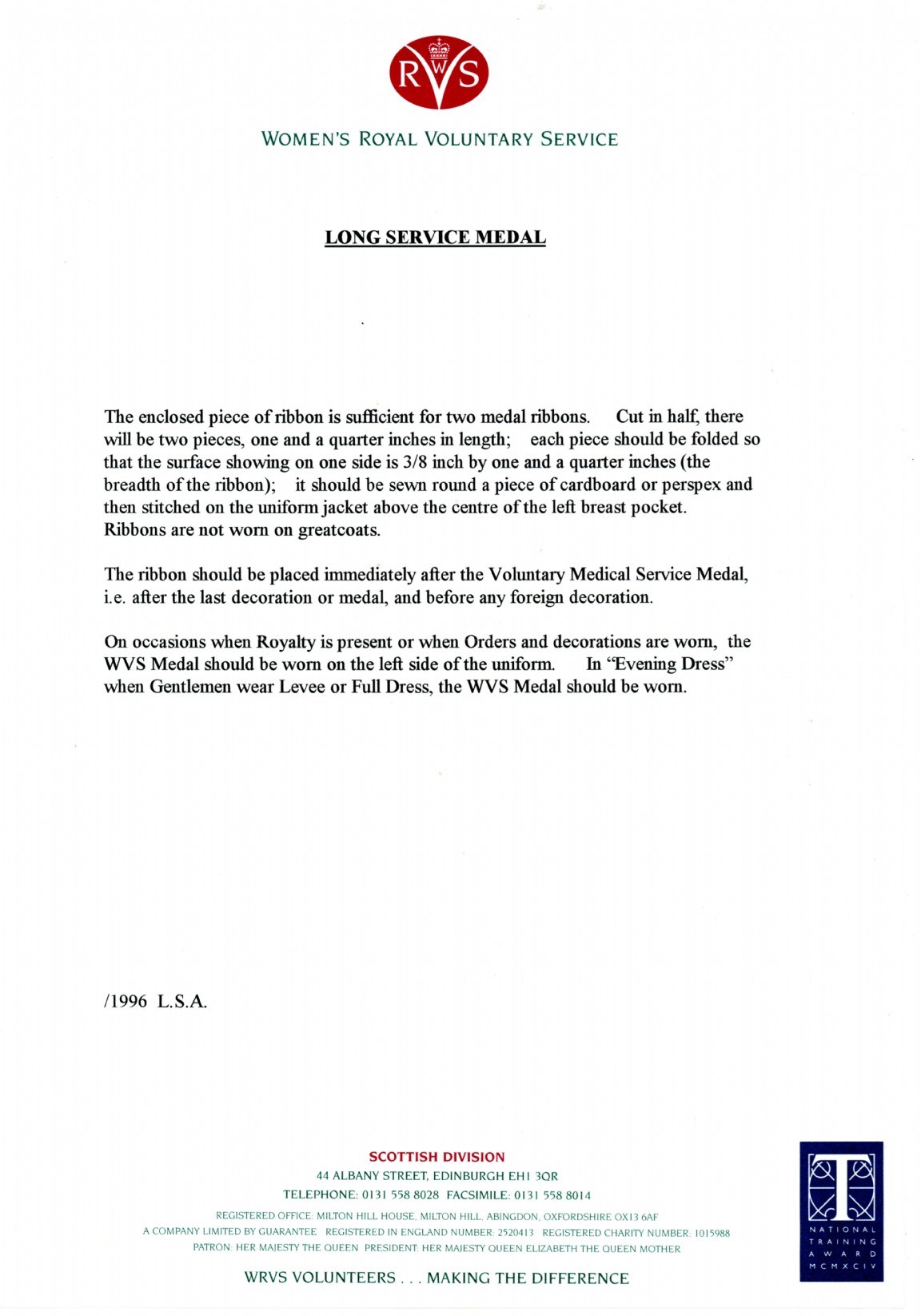 WRVS Long Service Medal guidance on the production of a medal ribbon