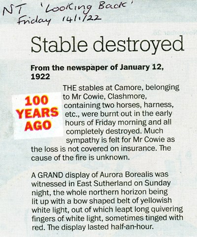 Newspaper cutting from the	Northern Times 'Looking Back' - Stable destroyed