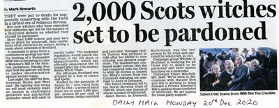 Newspaper cutting - '2000 Scots witches set to be pardoned'