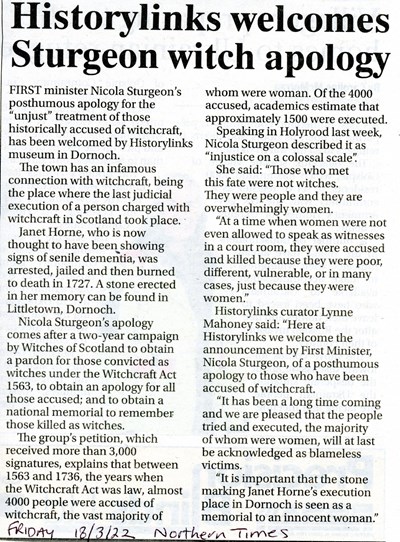 Newspaper cutting - 'Historylinks welcomes Sturgeon witch apology'