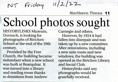 Newspaper cutting - 'School photos sought