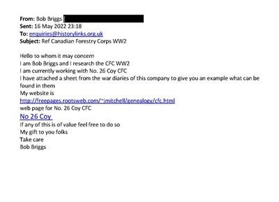 Access to War Diaries of No.26 Coy Canadian Forestry Corps