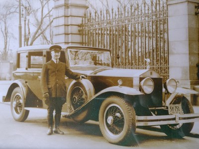 John Chisholm outside the gates of the Carnegie Residence, New York