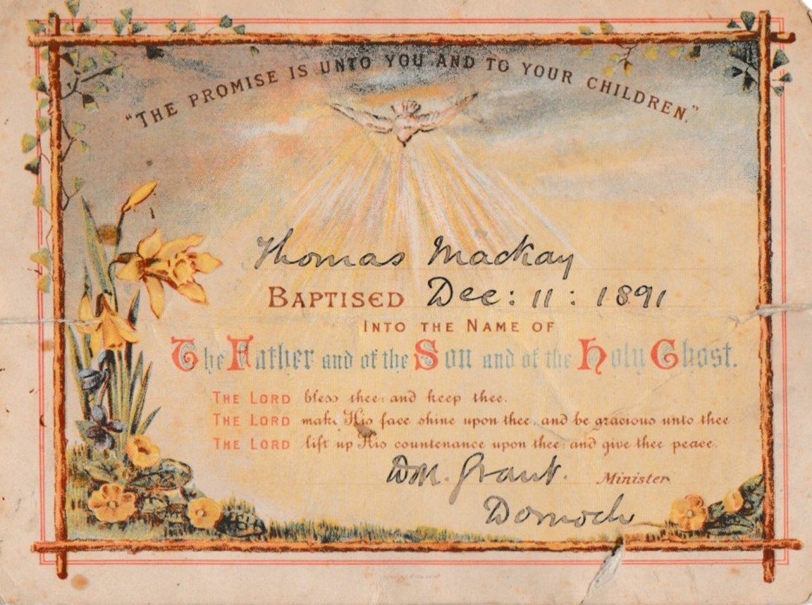 Baptismal Card Dornoch Free Church 1891