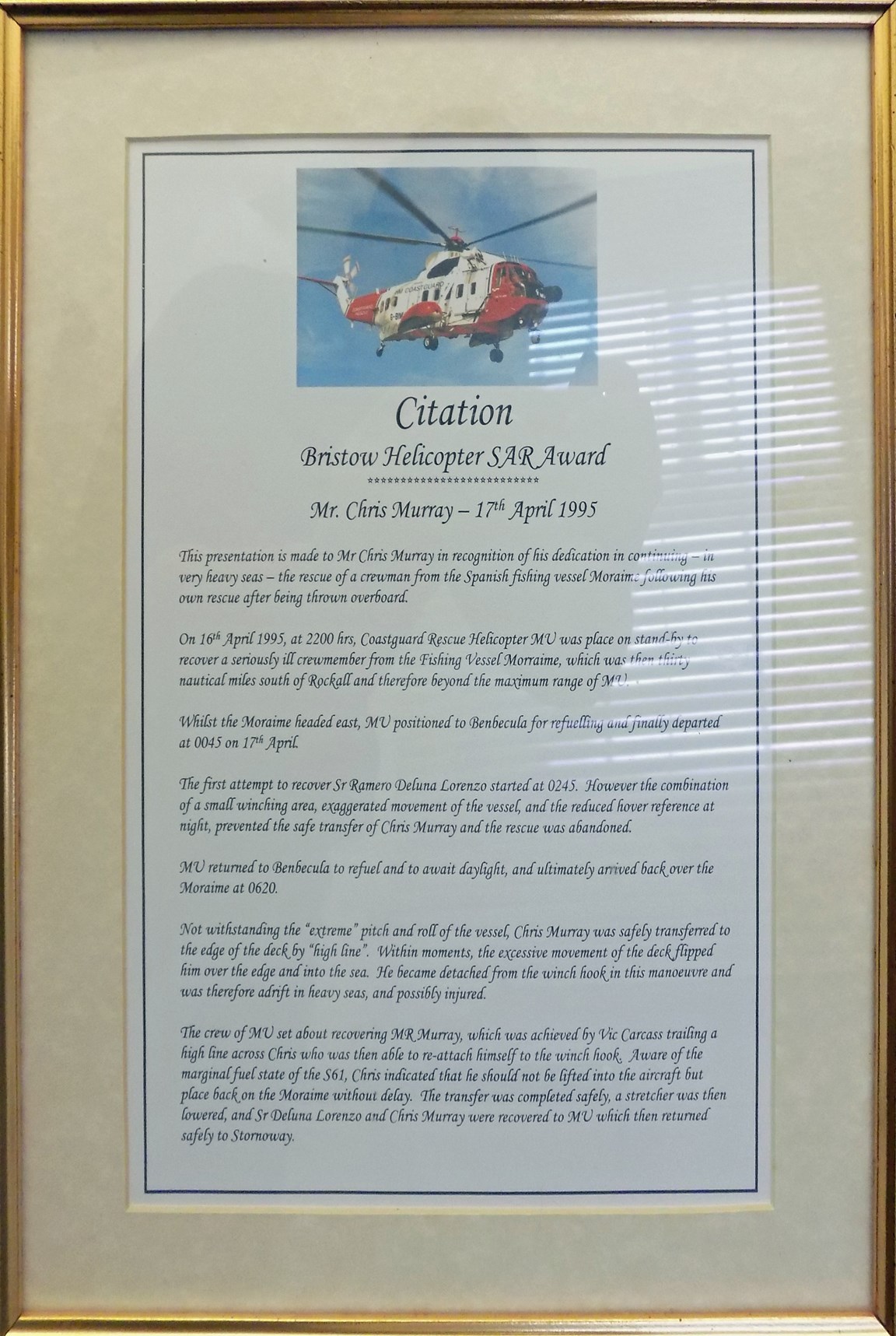 Citation Bristow Helicopter SAR Award  to WM Chris Murray