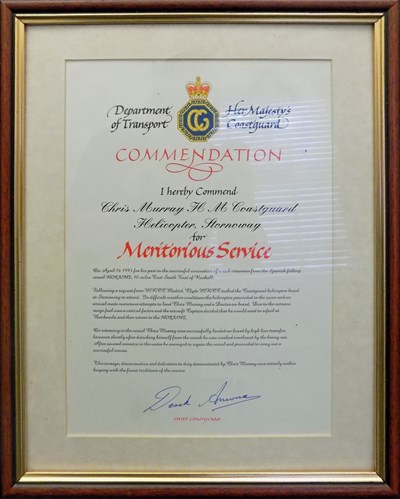 Her Majesty’s Coastguard Commendation to WM Chris Murray