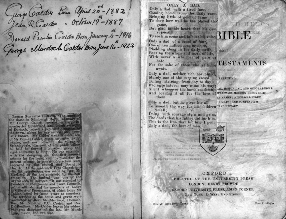 Inscriptions within family bible of George Calder