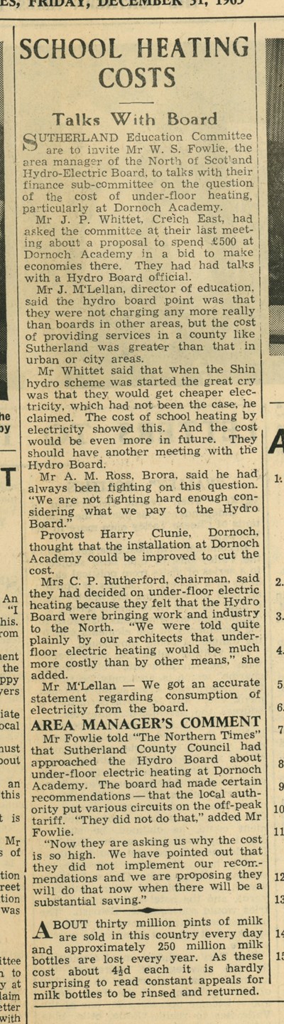 'School Heating Costs' Northern Times, 1965