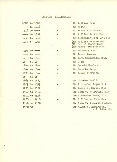 List of Headmasters in Dornoch
