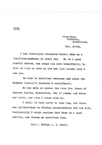 Reference from Miss Mould in favour of Robert Shaw