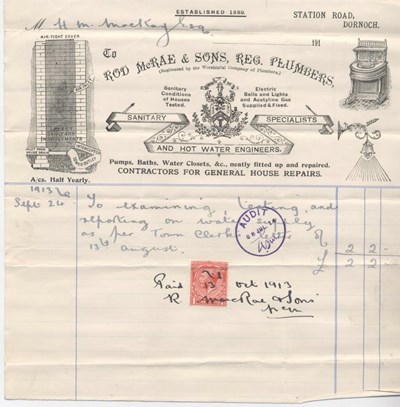 Bill for testing of water supply 1913