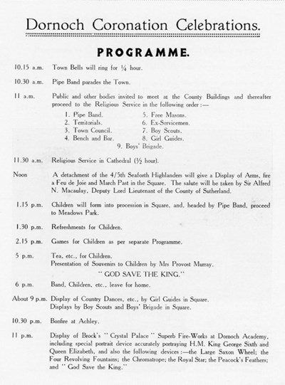 Dornoch Coronation Celebrations Programme 1937