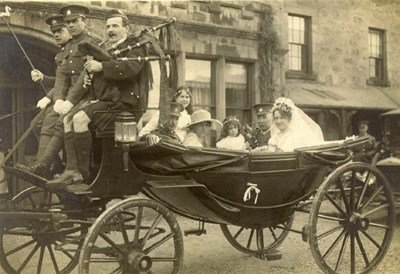 Wedding party outside Sutherland Arms Hotel