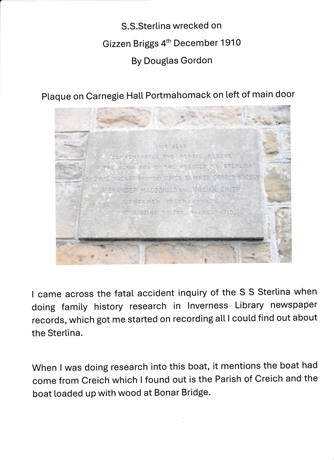 Research in respect of the wreck of SS Sterlina