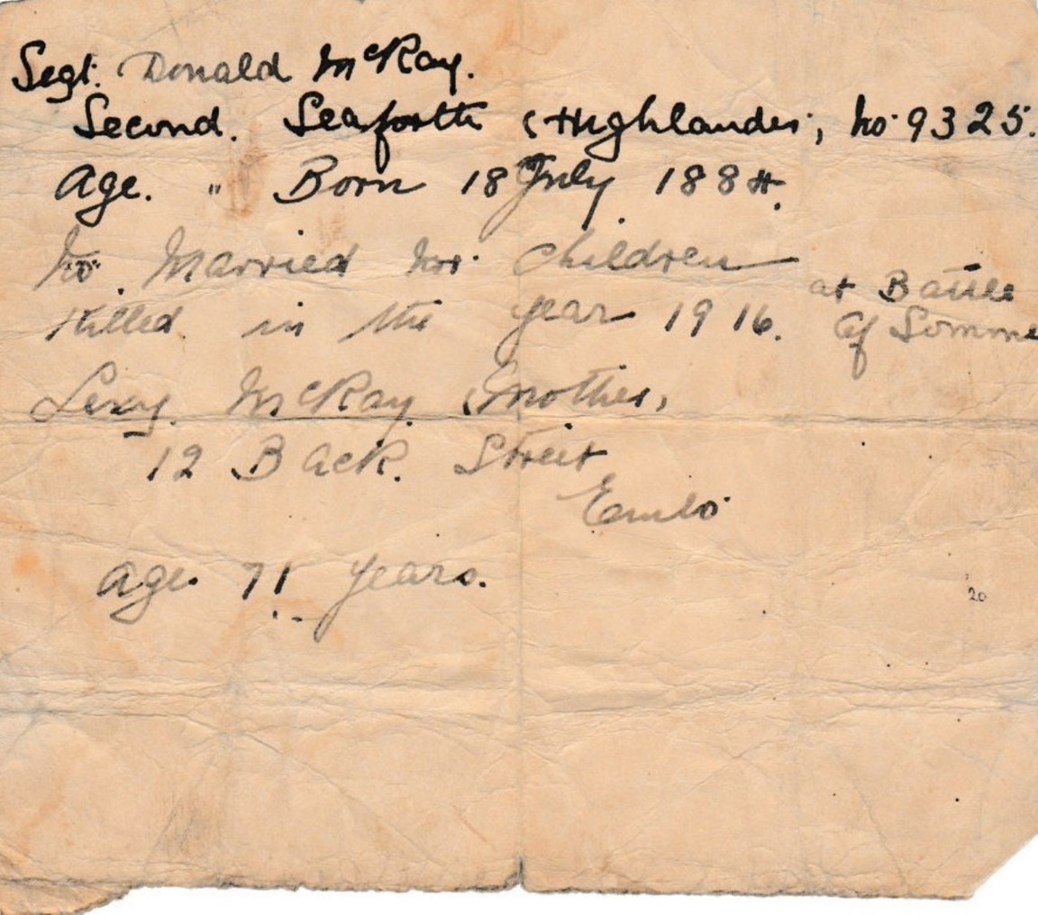 Handwritten note about Donald MacKay written by his mother