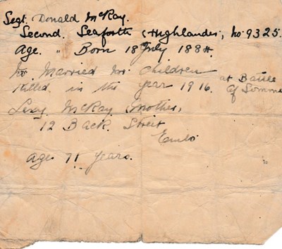 Handwritten note about Donald MacKay written by his mother