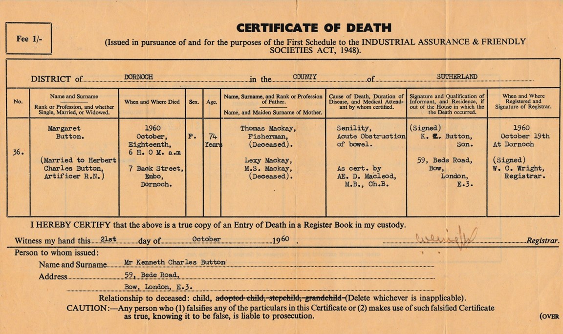 Certificate of Death Thomas Mackay 18 October 1960