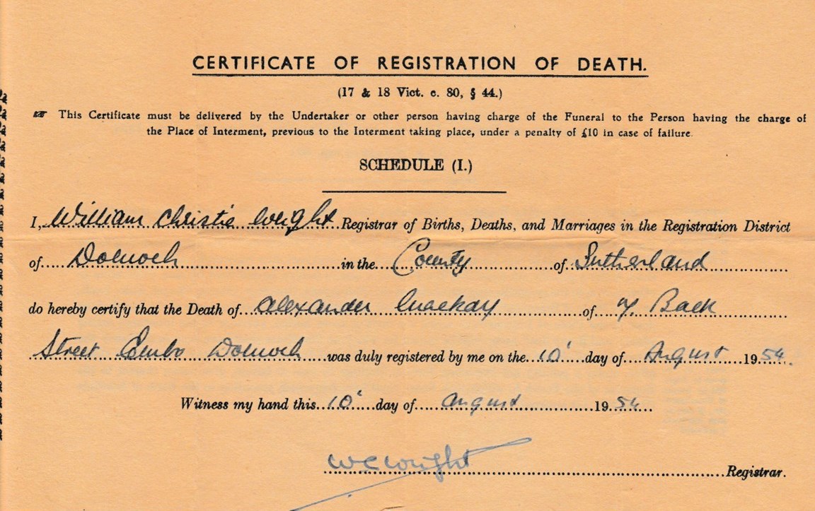 Certificate of Registration of Death Alexander Mackay 1956