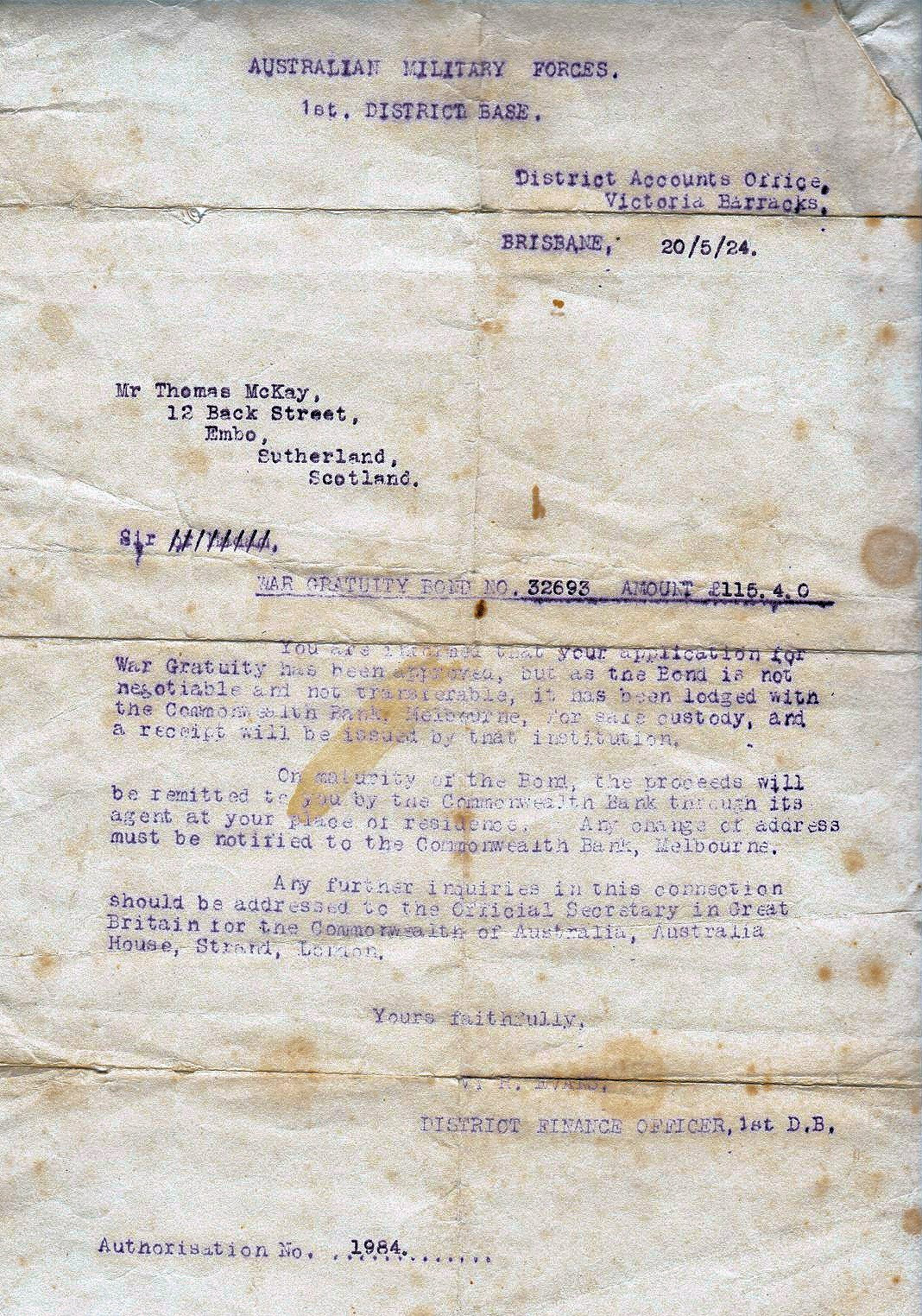 Letter from Australian Military Forces to Thomas Mackay 1924