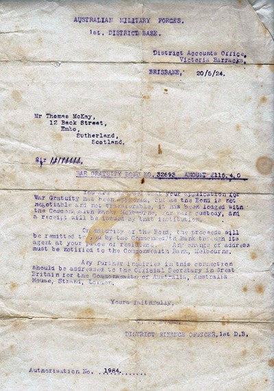 Letter from Australian Military Forces to Thomas Mackay 1924