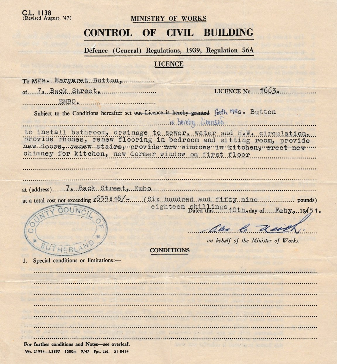 Documentation  in respect of refurbishment of 7 Back Street Embo