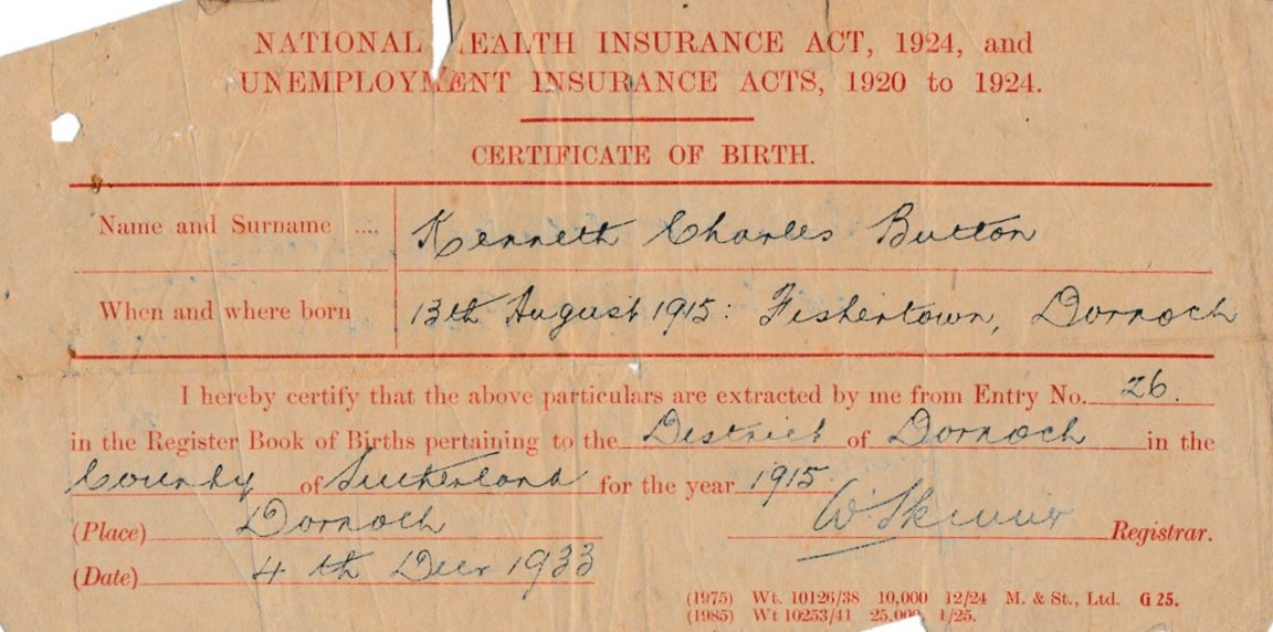 Certificate of Birth Kenneth Button 1915