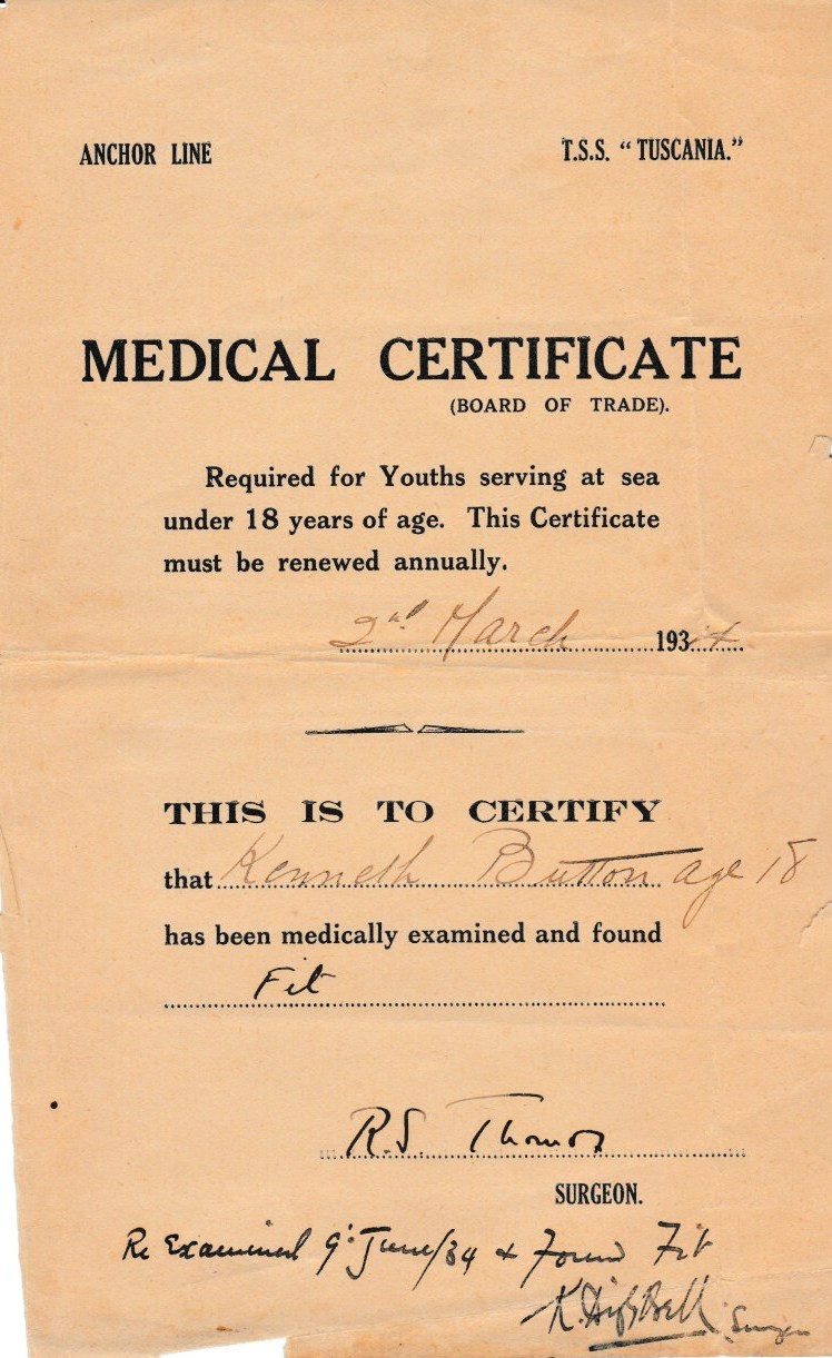 Anchor Line T.S.S. Tuscania Medical Certificate