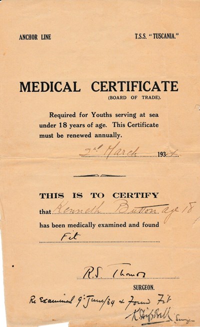 Anchor Line T.S.S. Tuscania Medical Certificate