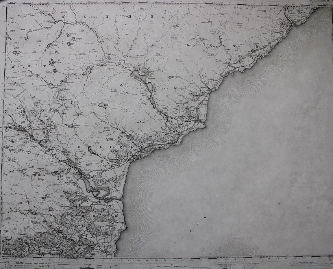 Black and white Ordnance Survey Map of coast from Dornoch to Helmsdale