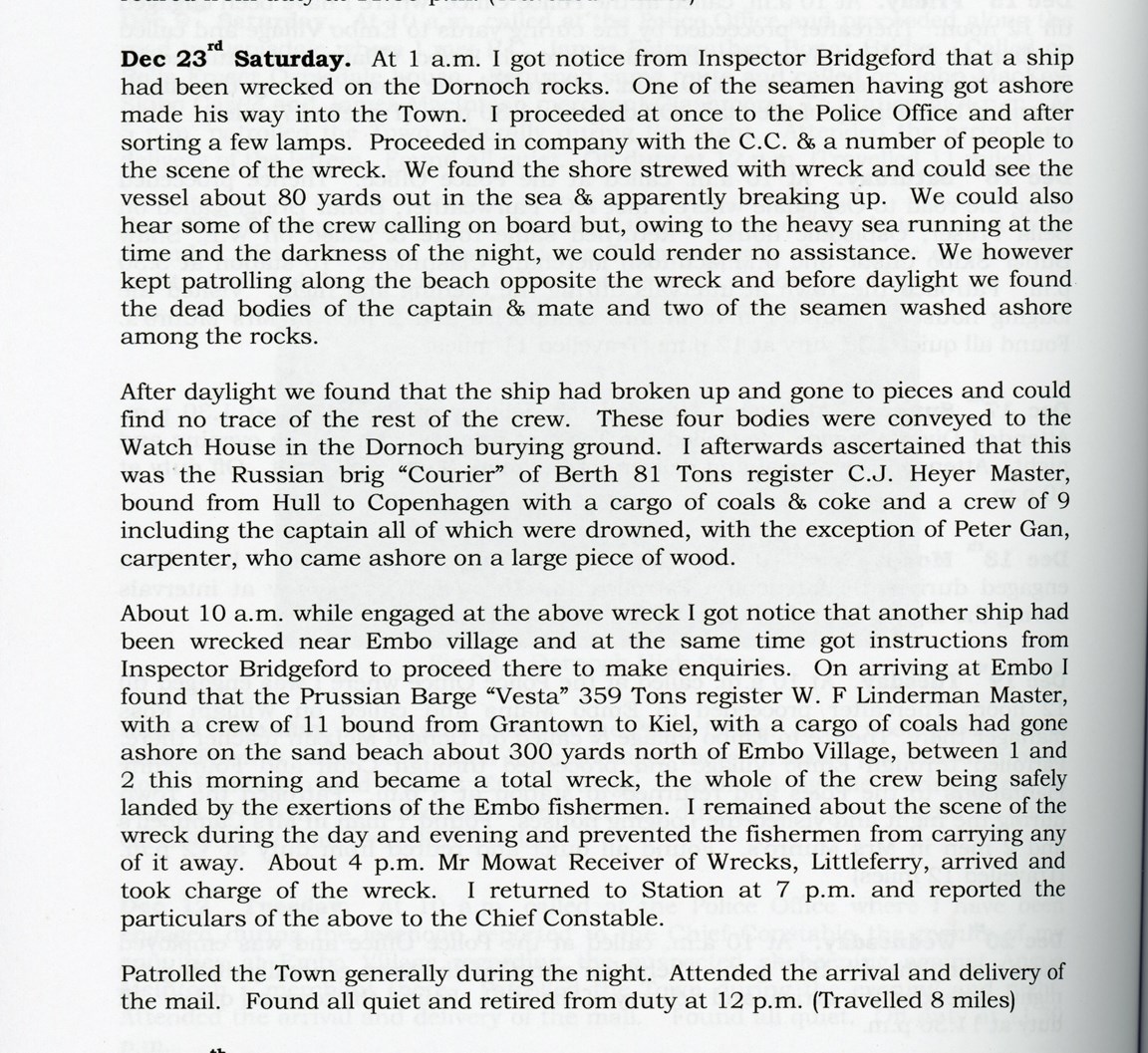 Police report and list of crew members from the sinking of the Courier of Barth