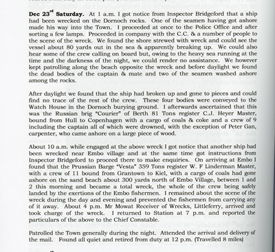 Police report and list of crew members from the sinking of the Courier of Barth