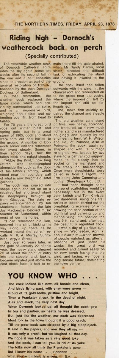 Riding High - Dornoch's weathercock back on its perch