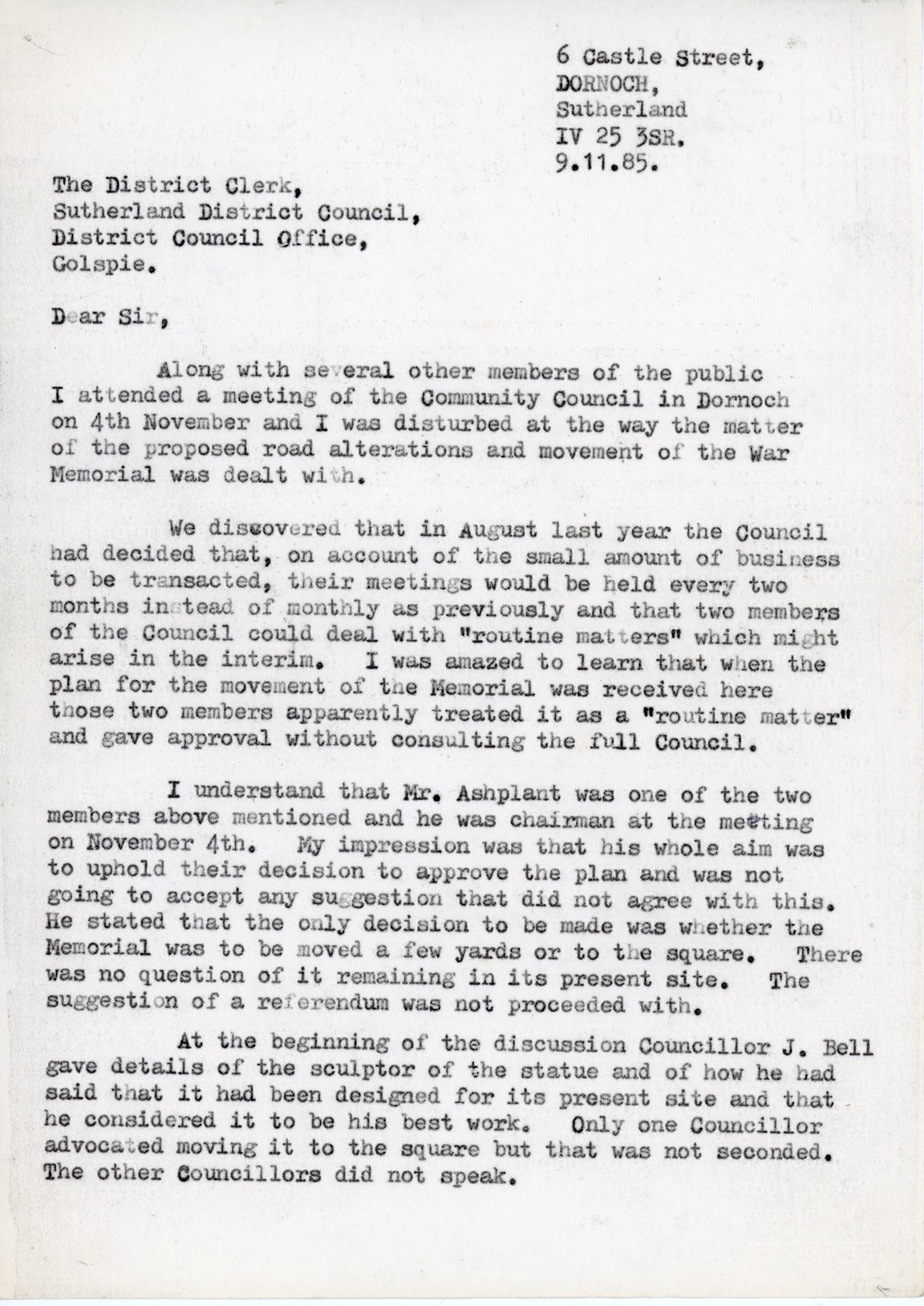 Letter to the District Clerk re moving the War Memorial