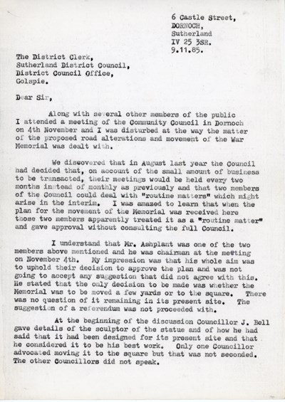 Letter to the District Clerk re moving the War Memorial