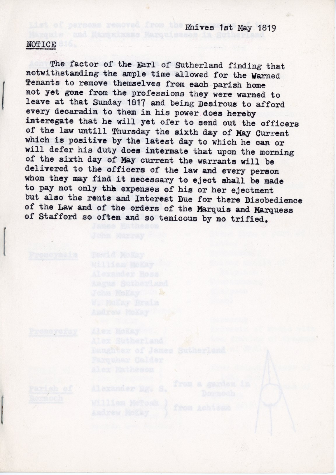 Notice from the factor about Eviction of Sutherland Estate tenants