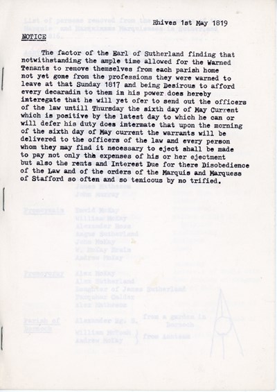 Notice from the factor about Eviction of Sutherland Estate tenants