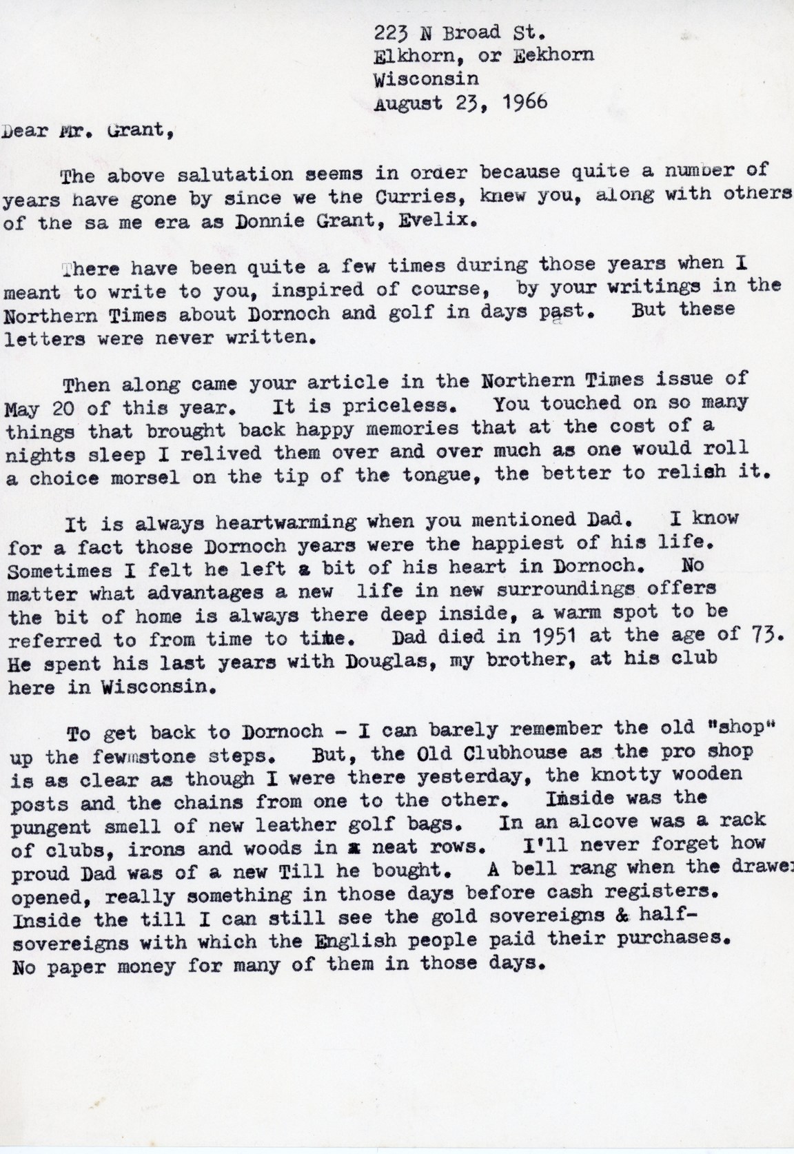 Letter from Mamie Currie in Wisconsin to Donald Grant