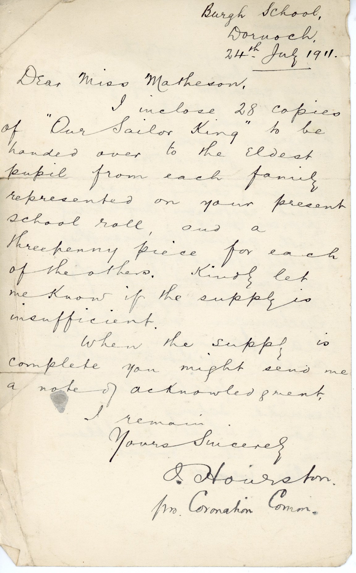 Handwritten letter to Miss Matheson, Burgh High School 24 July 1911