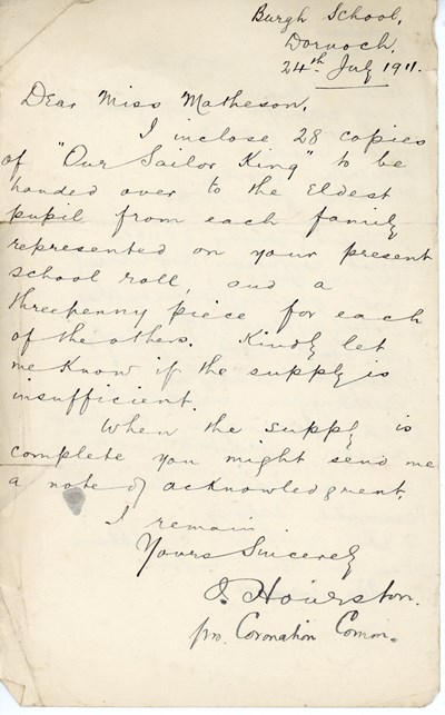 Handwritten letter to Miss Matheson, Burgh High School 24 July 1911