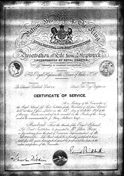 Embo lifeboat Coxswain's Certificate of Service