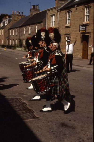Pipe band outside Eagle Hotel 1985