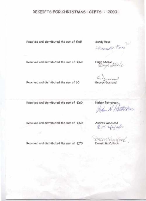 Receipt list for British Legion Christmas Gifts
